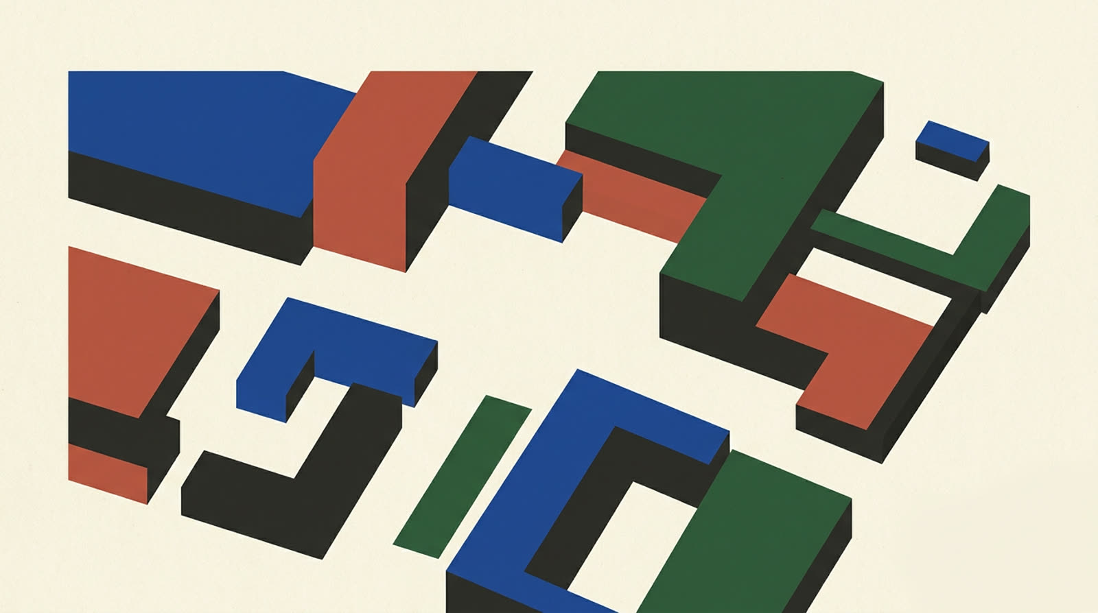 An abstract overhead city plan in cobalt, terracotta, green and ink on warm white
